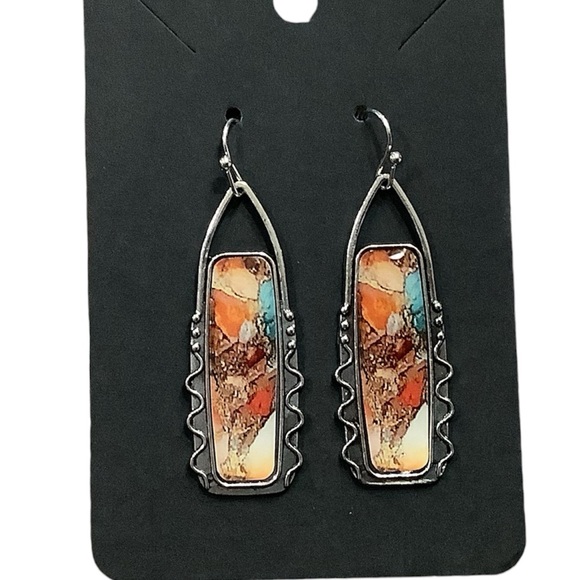 Boho western chic dangling antiqued silver multicolored mosaic earrings - Picture 2 of 6